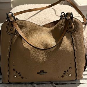 Coach Leather Tote Bag in Tan with Crossbody Strap and beading 9.5H x 15W